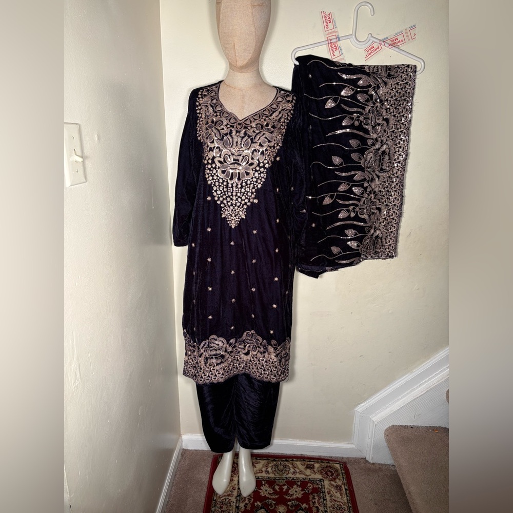 Elegant Blue and Gold Embroidered velvet Dress Set